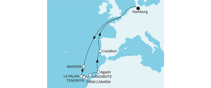 Die Route führt ab Hamburg über die Kanaren bis nach Lissabon und verbindet weite Meeresblicke mit abwechslungsreichen Küstenlandschaften.